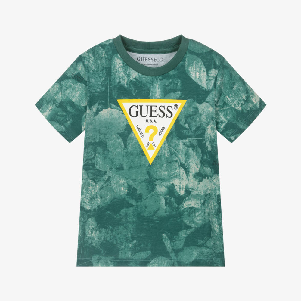 Guess-Boys Green Leaf Pattern T-Shirt with Triangle Logo | Childrensalon