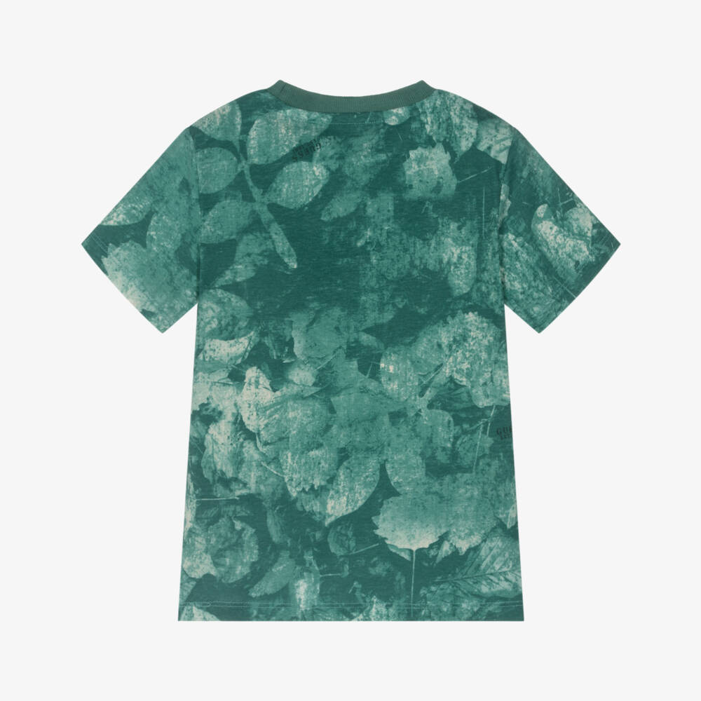 Guess-Boys Green Leaf Pattern T-Shirt with Triangle Logo | Childrensalon