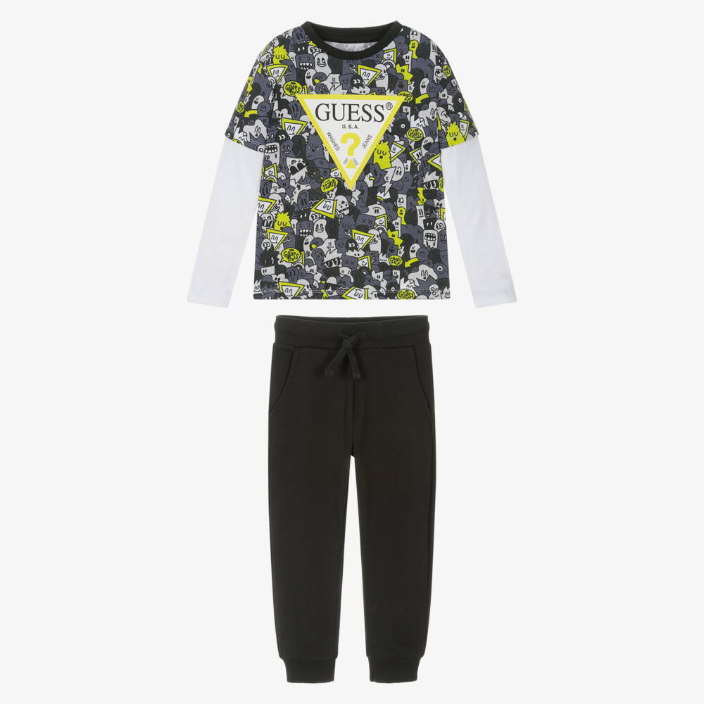 Guess-Boys Grey Cotton Monster Triangle Logo Top & Joggers Set | Childrensalon