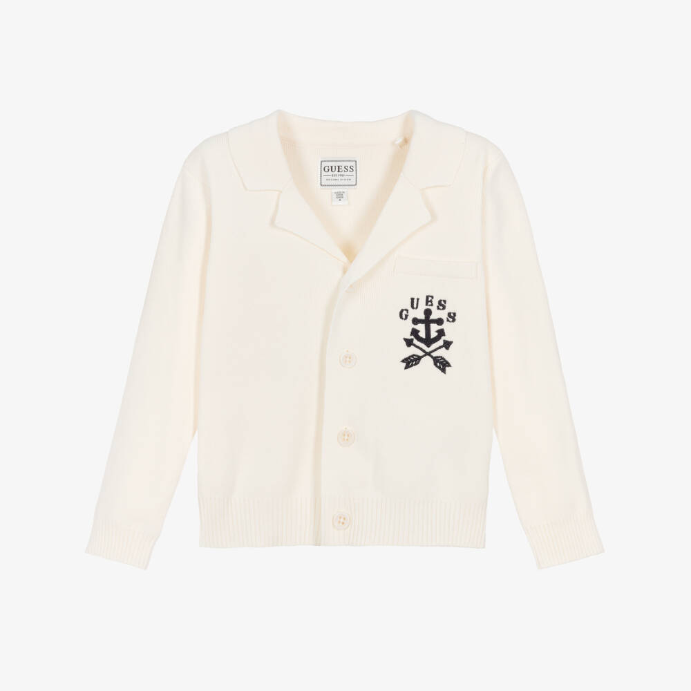 Guess-Boys Ivory Cotton Knit Cardigan with Embroidered Logo | Childrensalon