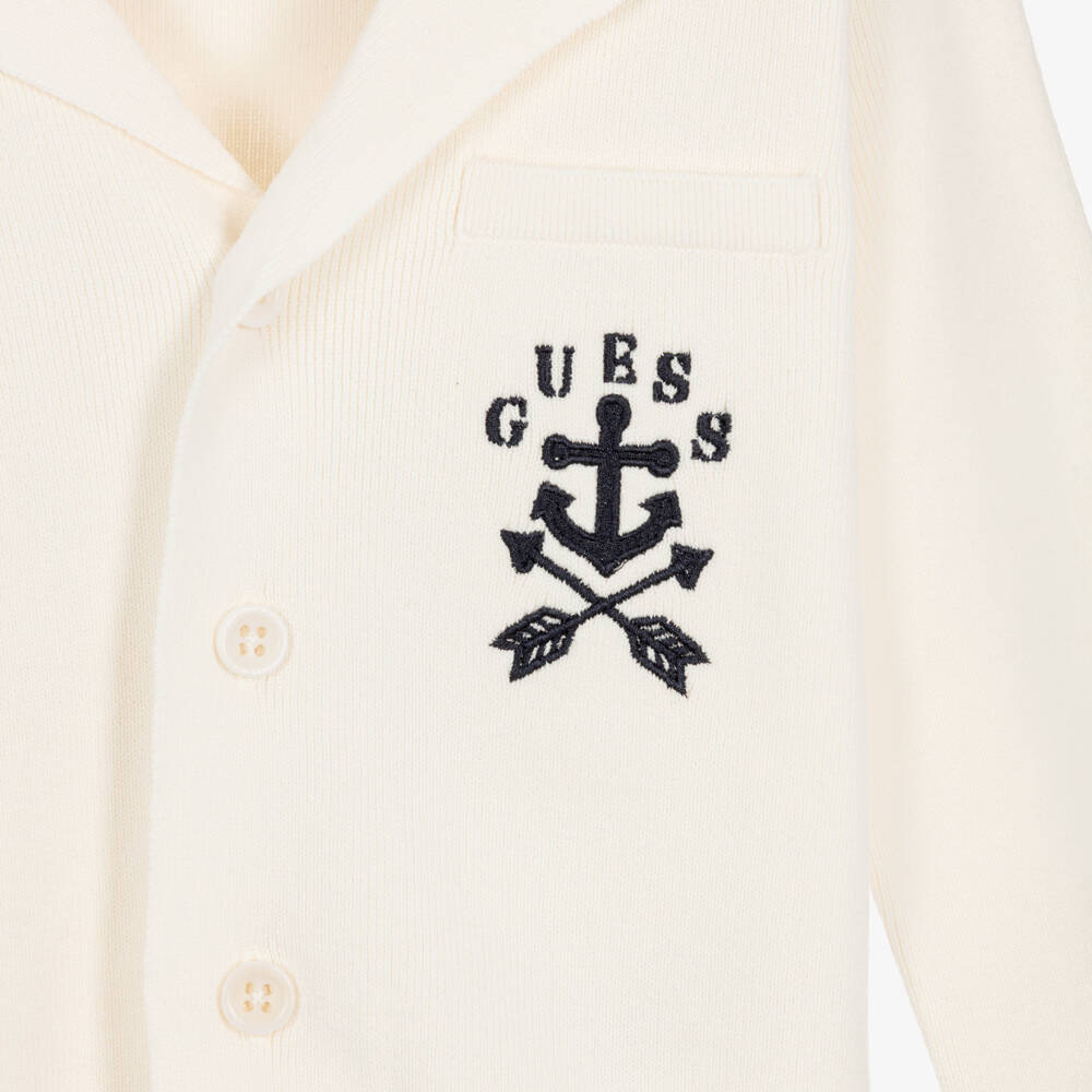 Guess-Boys Ivory Cotton Knit Cardigan with Embroidered Logo | Childrensalon