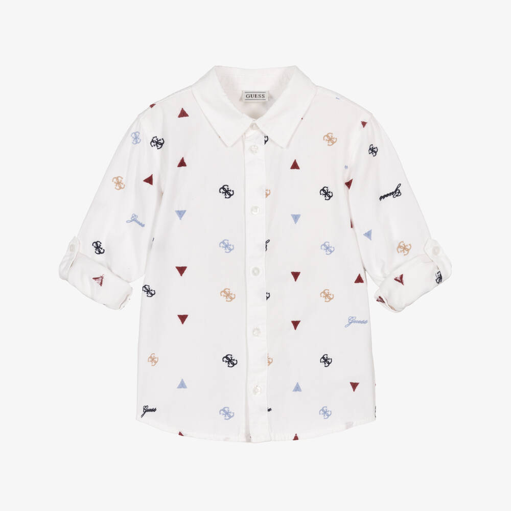 Guess-Boys Ivory Cotton Shirt with Embroidered Logo Pattern | Childrensalon