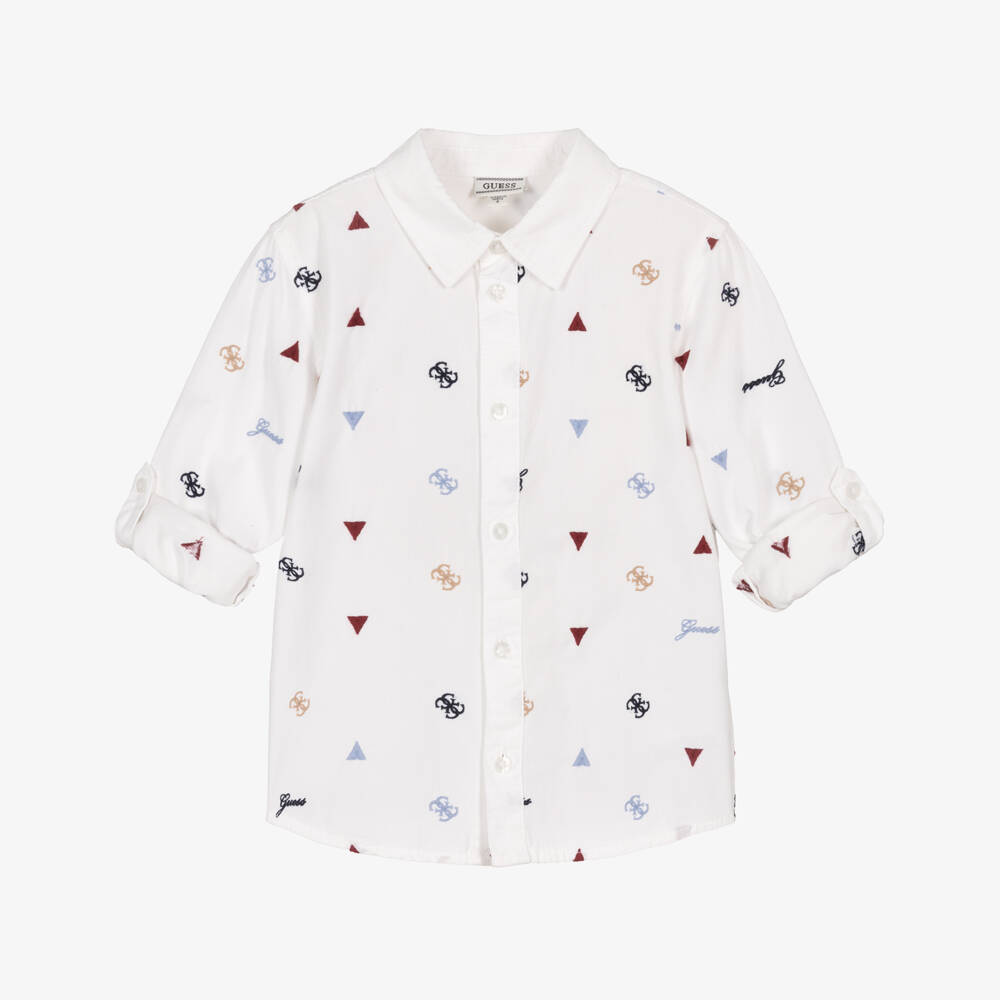 Guess-Boys Ivory Cotton Shirt with Embroidered Logo Pattern | Childrensalon