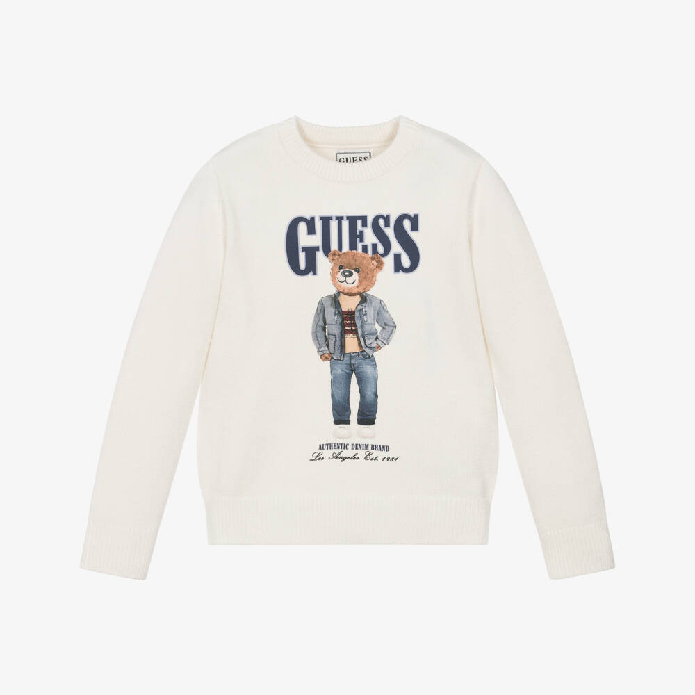 Guess-Boys Ivory Knitted Teddy Bear Motif Sweater | Childrensalon