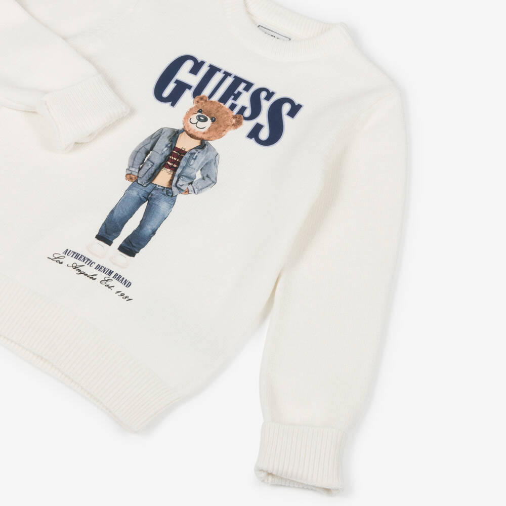 Guess-Boys Ivory Knitted Teddy Bear Motif Sweater | Childrensalon