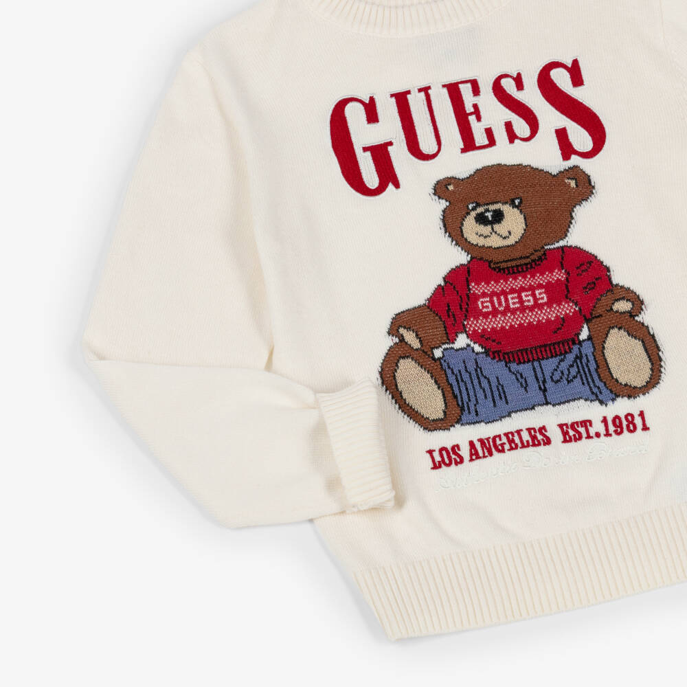 Guess-بلوفر محبوك لون عاجي بطبعة دب تيدي للأولاد | Childrensalon