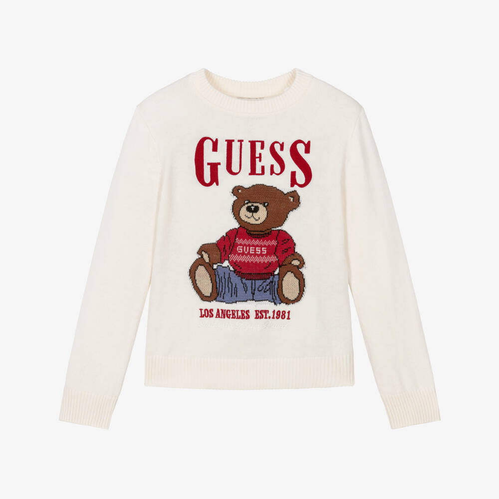 Guess-بلوفر محبوك لون عاجي بطبعة دب تيدي للأولاد | Childrensalon