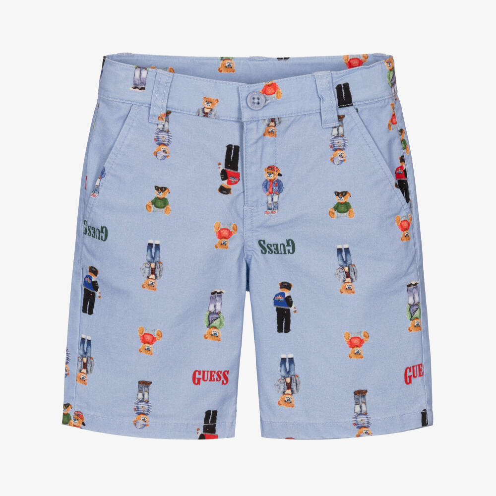 Guess-Boys Light Blue Cotton Shorts with Bears & Logos | Childrensalon