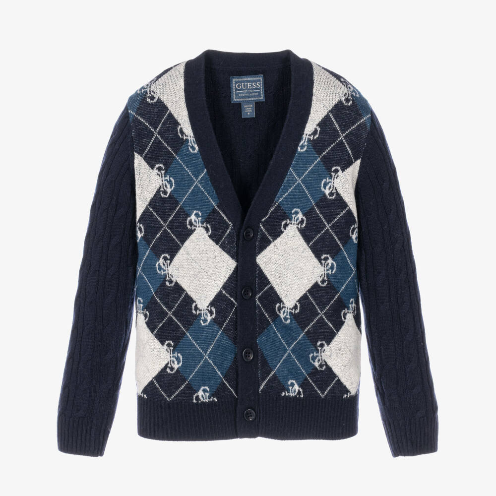 Guess-Boys Navy Blue Argyle Pattern Cardigan | Childrensalon
