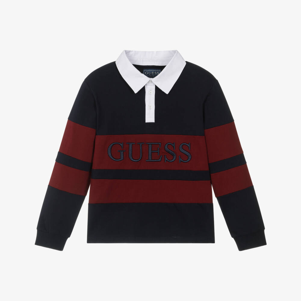Guess-Boys Navy Blue & Burgundy Red Cotton Rugby Shirt | Childrensalon