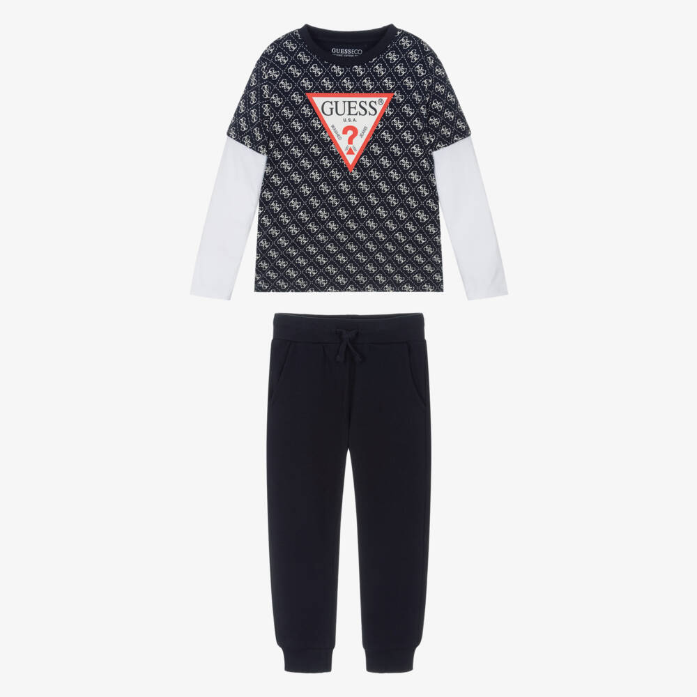 Guess-Boys Navy Blue Cotton 4G Logo Top & Joggers Set | Childrensalon