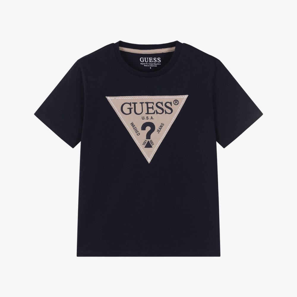 Guess-Boys Navy Blue Cotton T-Shirt with Beige Triangle Logo | Childrensalon