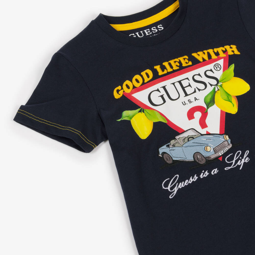 Guess-Boys Navy Blue Cotton T-Shirt with Car & Triangle Logo | Childrensalon
