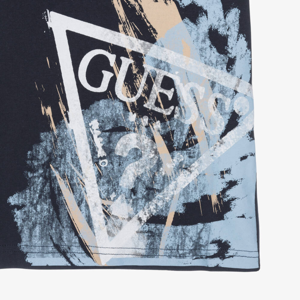 Guess-Boys Navy Blue Cotton T-Shirt with Graffiti Triangle Logo Print | Childrensalon