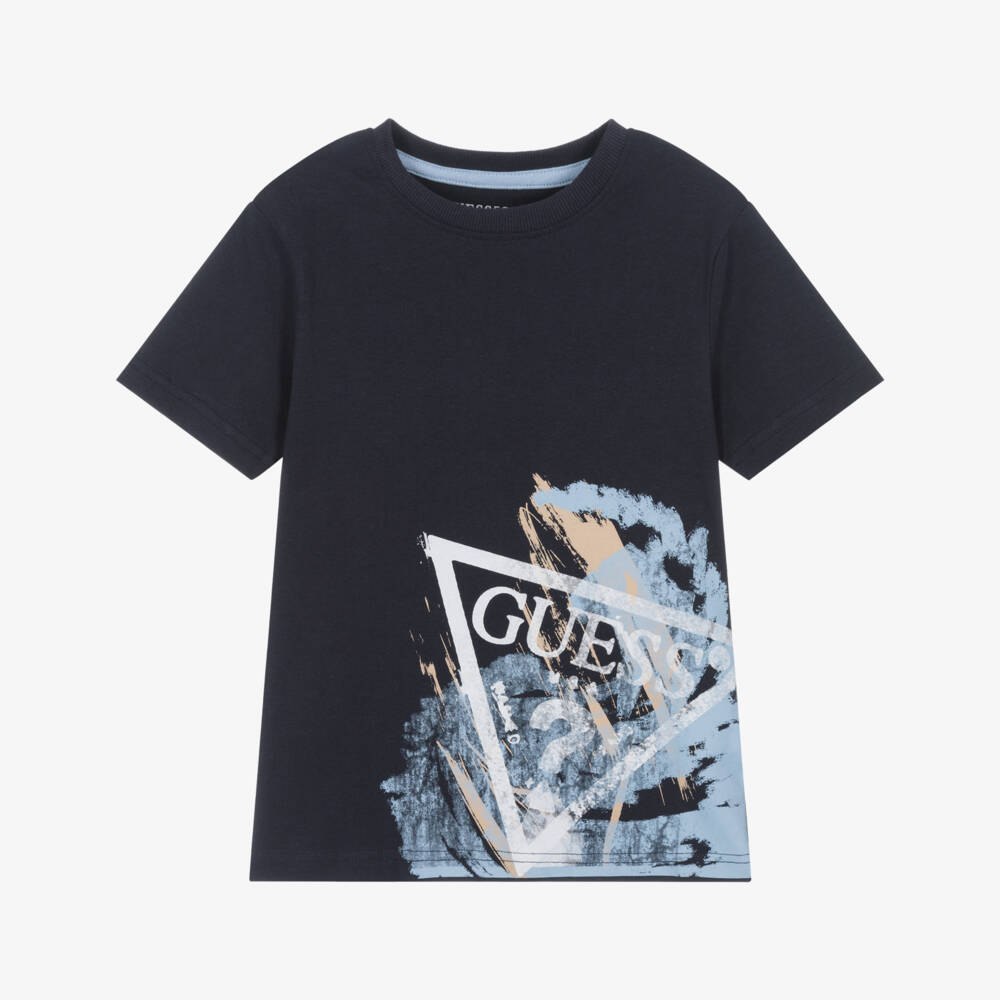 Guess-Boys Navy Blue Cotton T-Shirt with Graffiti Triangle Logo Print | Childrensalon