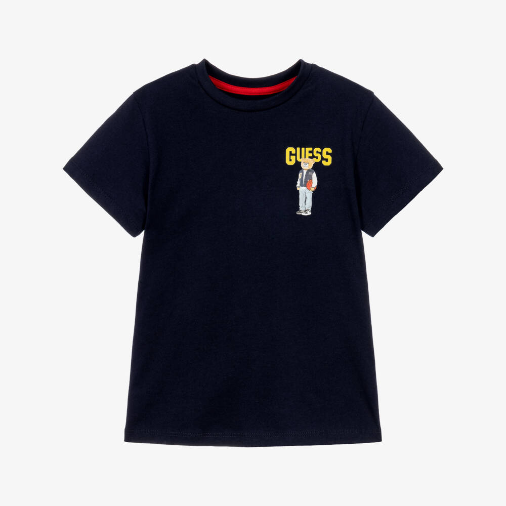 Guess-Boys Navy Blue Cotton Teddy T-Shirt | Childrensalon