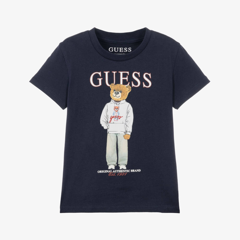 Guess-Boys Navy Blue Cotton Varsity Bear T-Shirt | Childrensalon