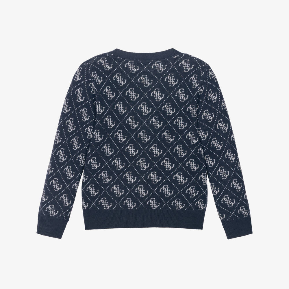 Guess-Boys Navy Blue Knitted 4G Logo Cardigan | Childrensalon