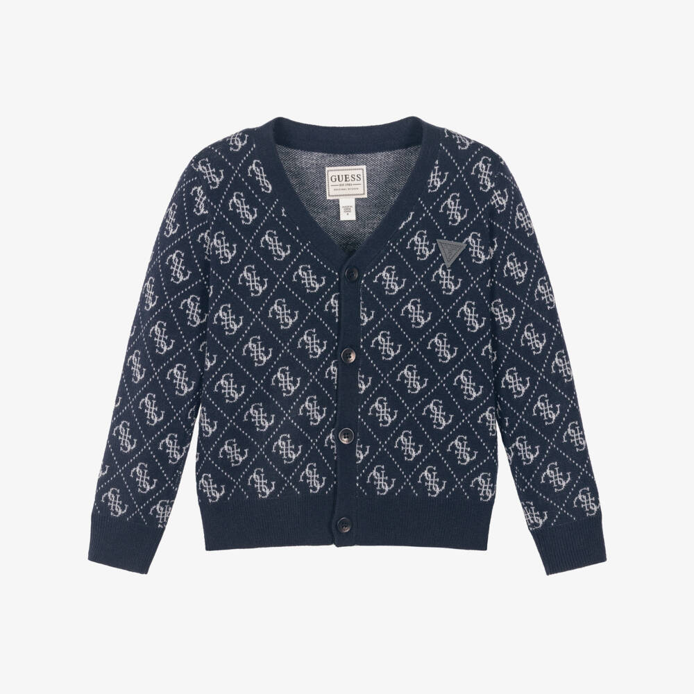 Guess-Boys Navy Blue Knitted 4G Logo Cardigan | Childrensalon