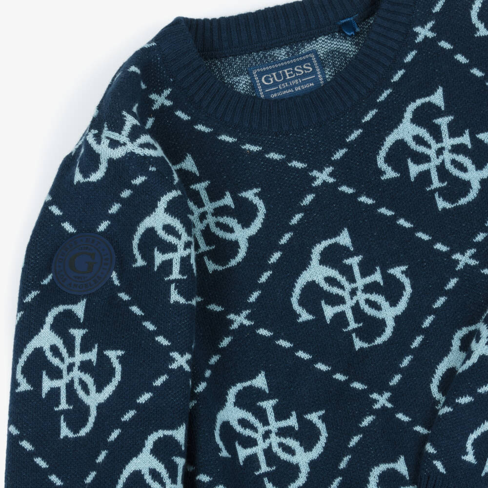 Guess-Boys Navy Blue Knitted Intarsia 4G Logo Sweater | Childrensalon