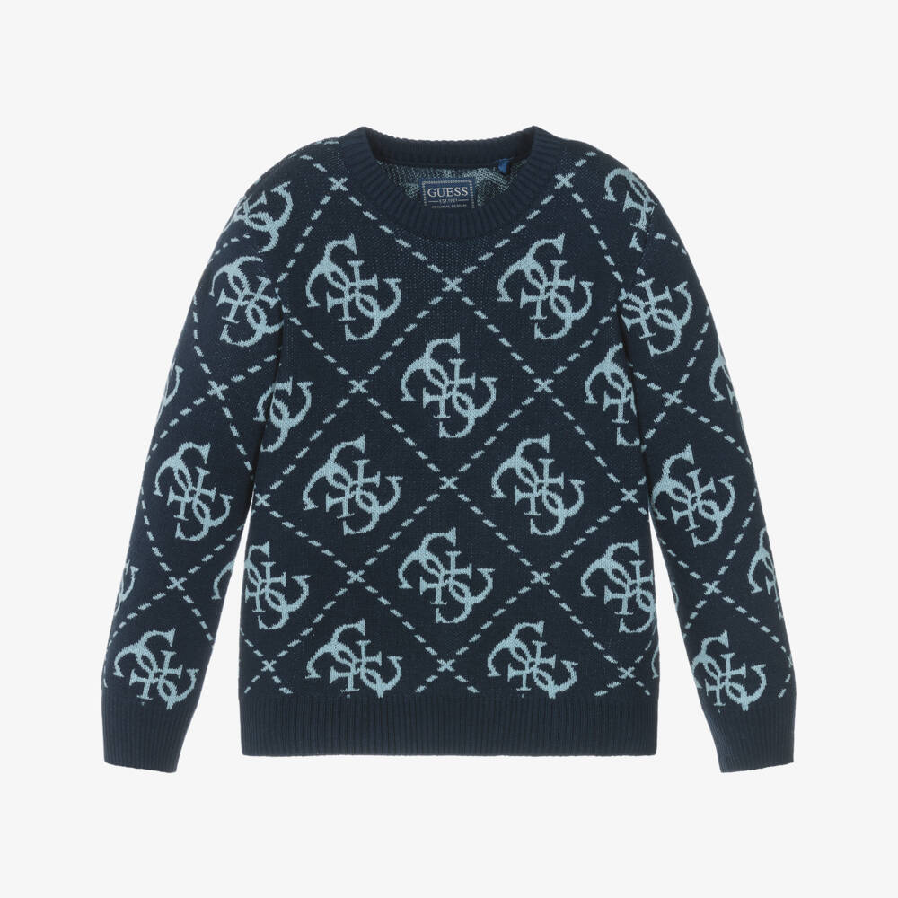 Guess-Boys Navy Blue Knitted Intarsia 4G Logo Sweater | Childrensalon