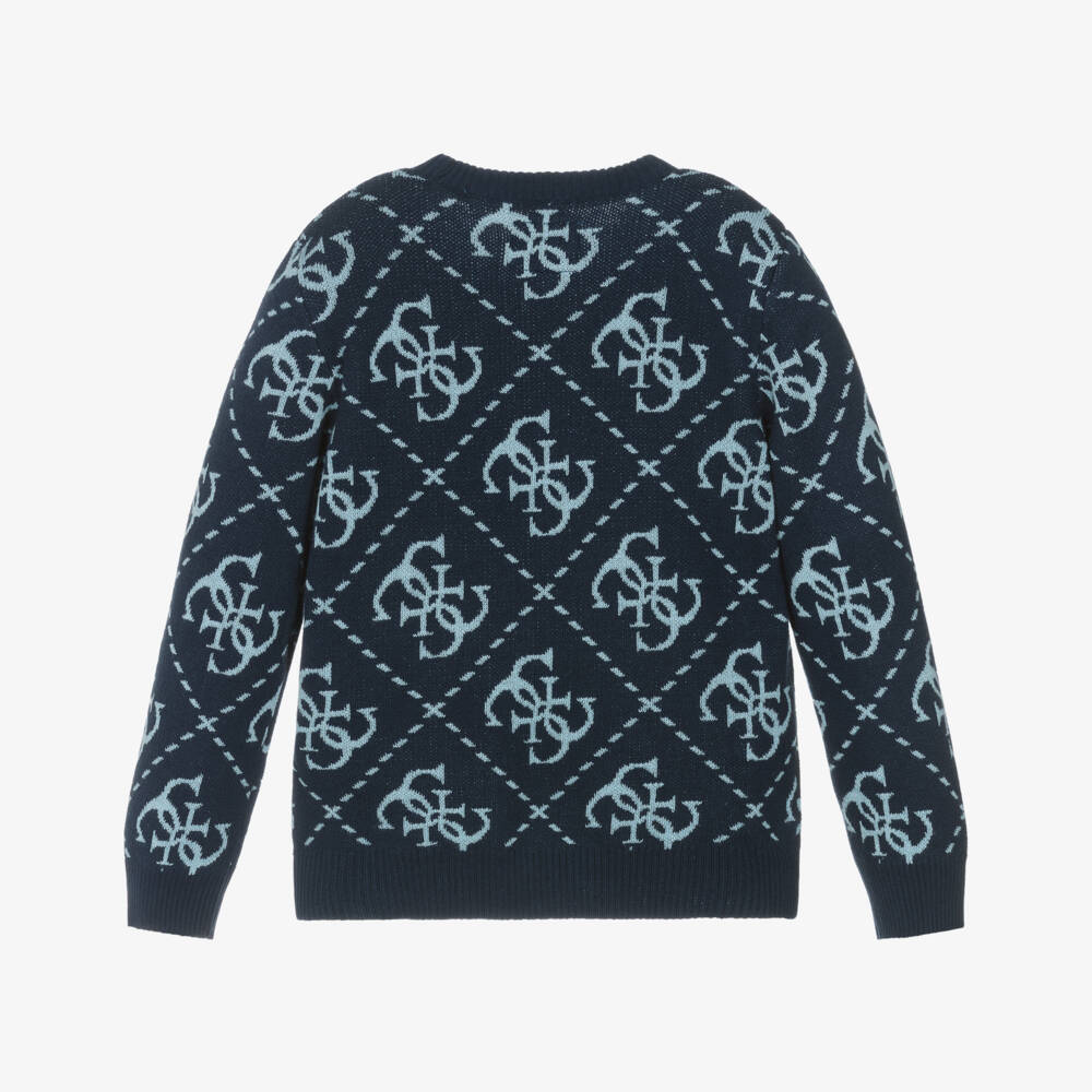 Guess-Boys Navy Blue Knitted Intarsia 4G Logo Sweater | Childrensalon