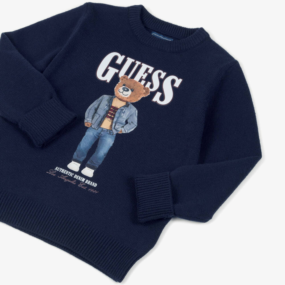 Guess-Boys Navy Blue Knitted Teddy Bear Motif Sweater | Childrensalon
