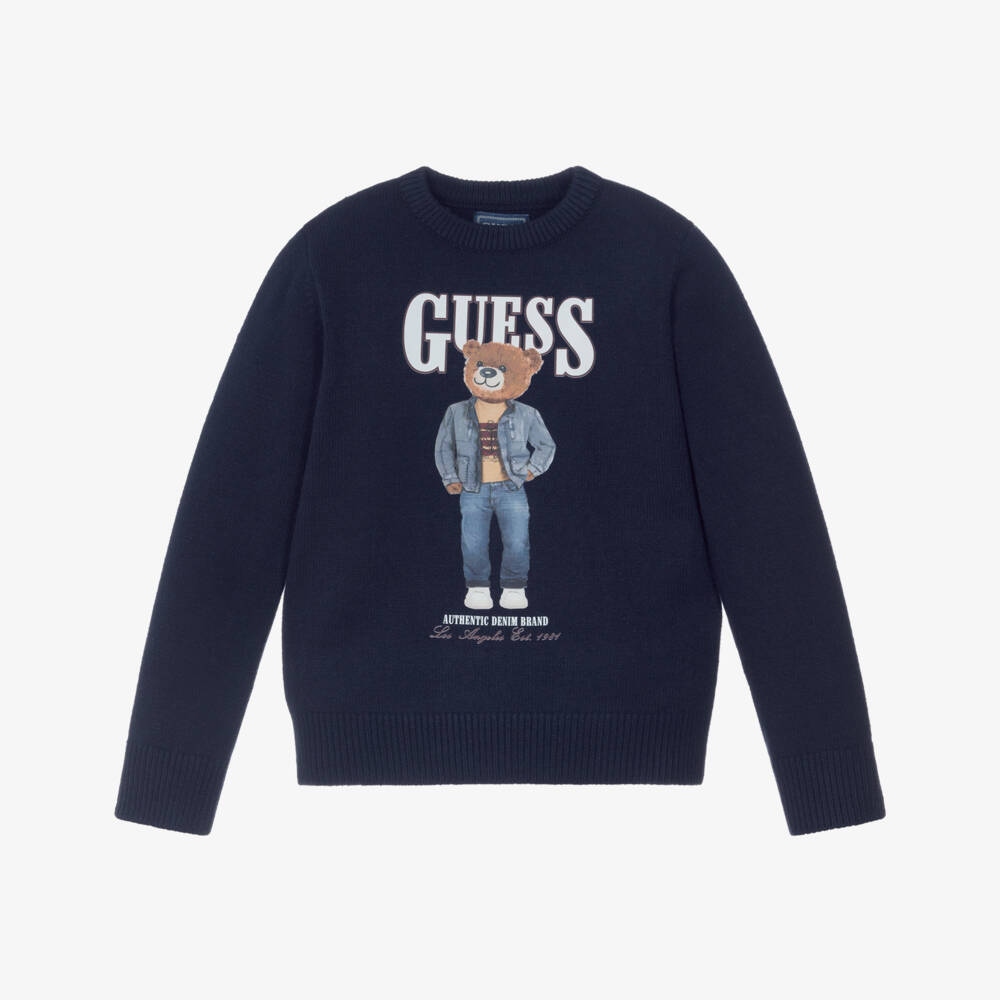 Guess-Boys Navy Blue Knitted Teddy Bear Motif Sweater | Childrensalon