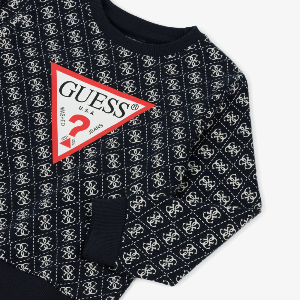 Guess-Boys Navy Blue Logo Pattern Cotton Sweatshirt | Childrensalon