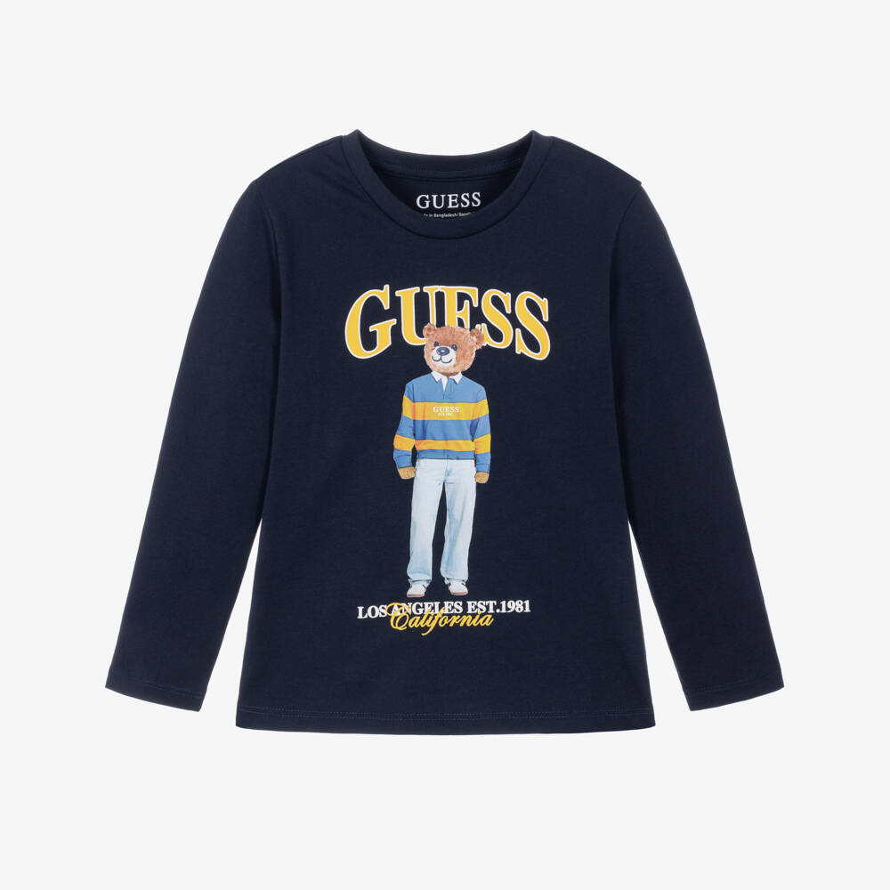 Guess-Boys Navy Blue Long Sleeve T-Shirt with Bear Print | Childrensalon