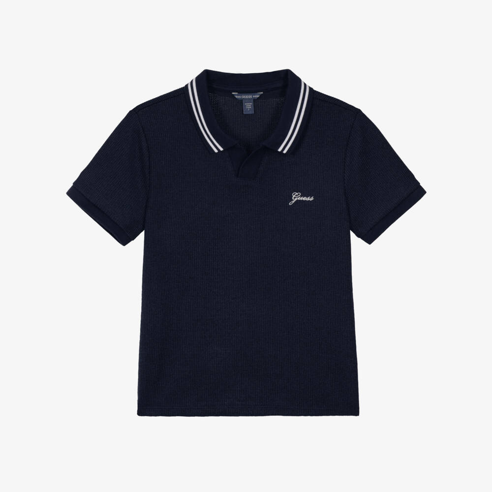 Guess-Boys Navy Blue Textured Knit Polo Shirt | Childrensalon