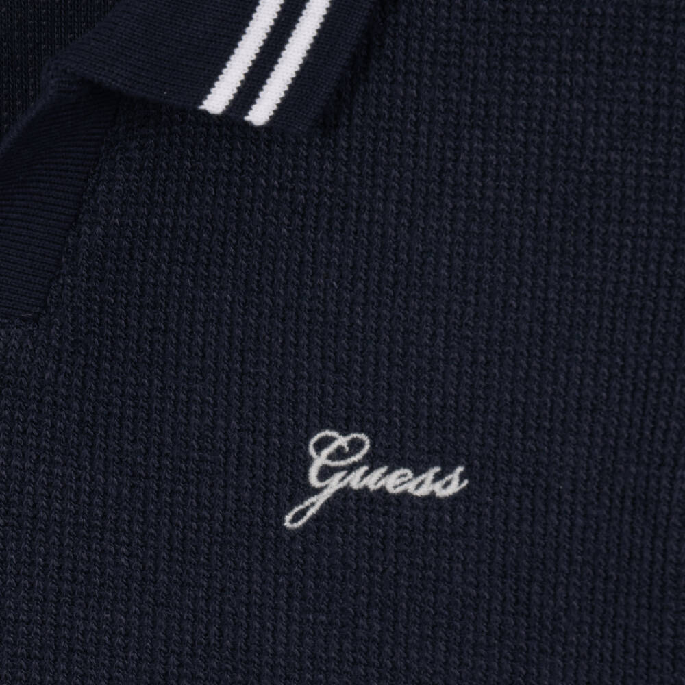 Guess-Boys Navy Blue Textured Knit Polo Shirt | Childrensalon