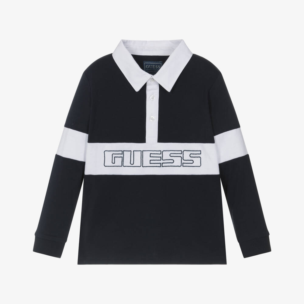 Guess-Boys Navy Blue & White Cotton Rugby Shirt | Childrensalon