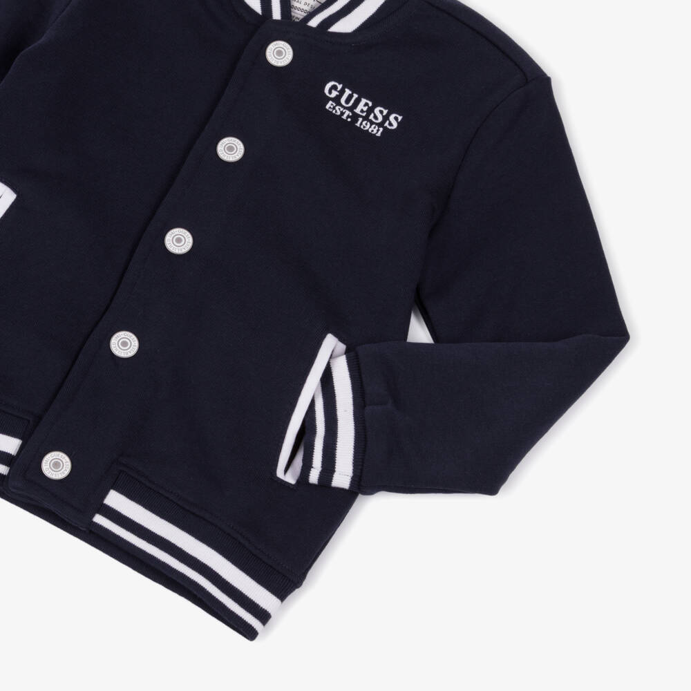 Guess-Boys Navy Blue & White Logo Jersey Bomber Jacket | Childrensalon