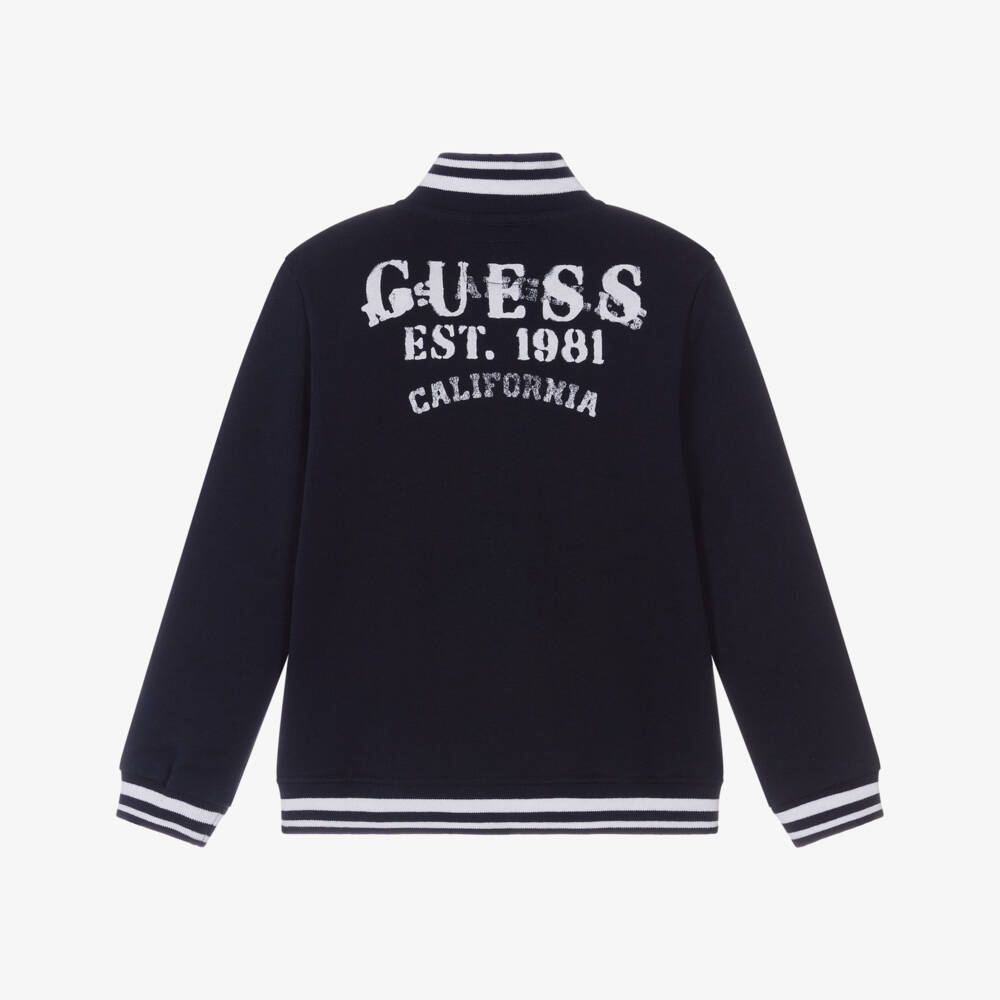 Guess-Boys Navy Blue & White Logo Jersey Bomber Jacket | Childrensalon