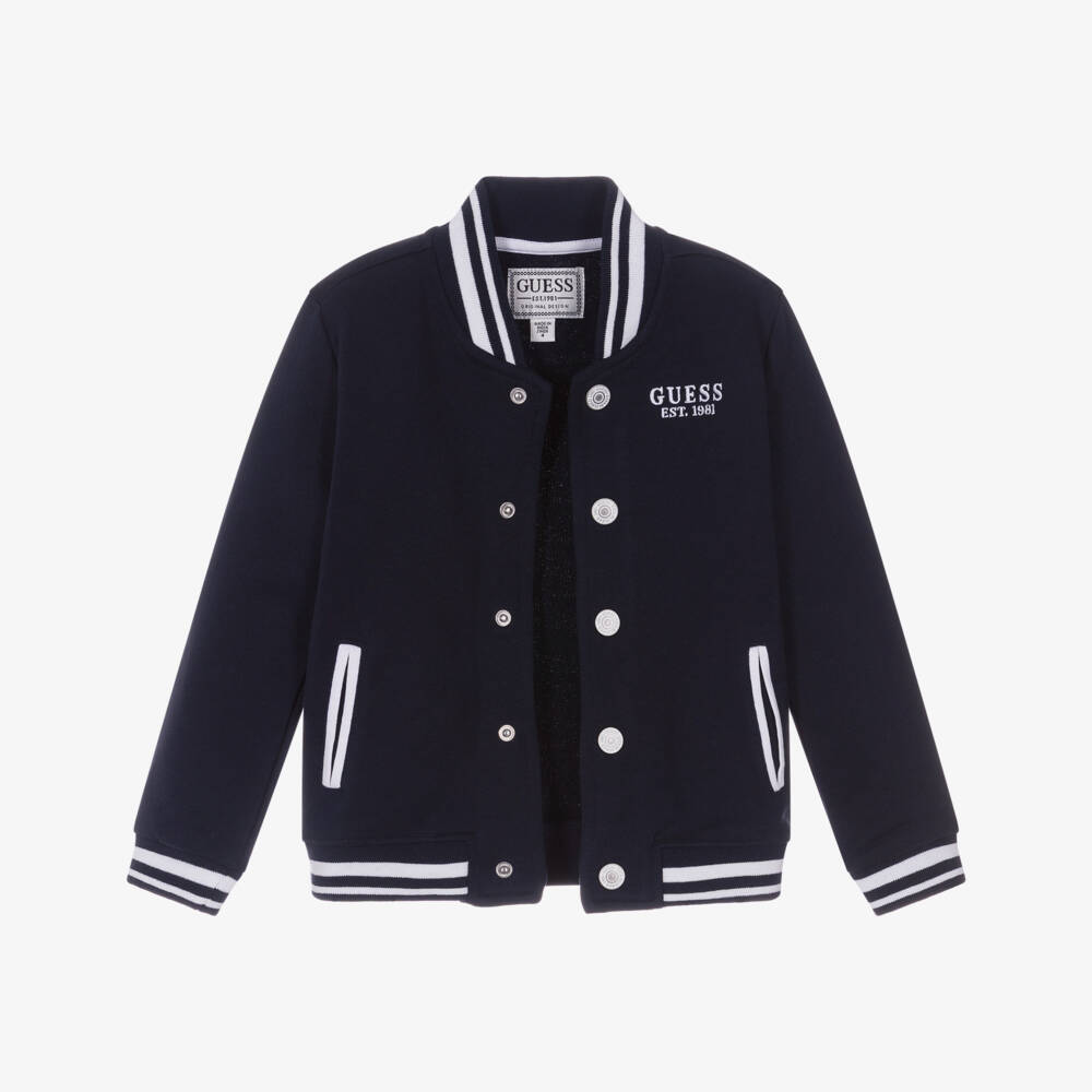 Guess-Boys Navy Blue & White Logo Jersey Bomber Jacket | Childrensalon