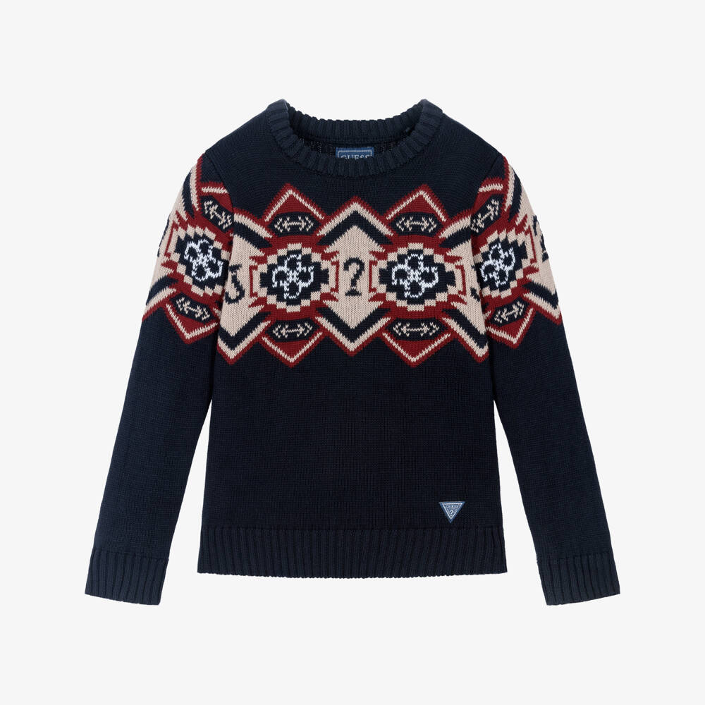 Guess-Boys Nay Blue Knitted Sweater with 4g Logo | Childrensalon