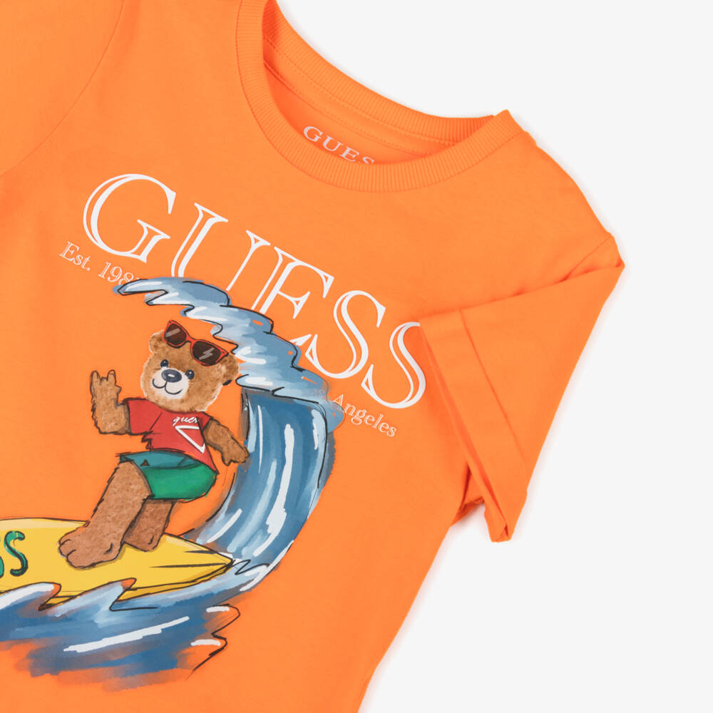 Guess-Boys Orange Cotton Surfing Bear T-Shirt | Childrensalon