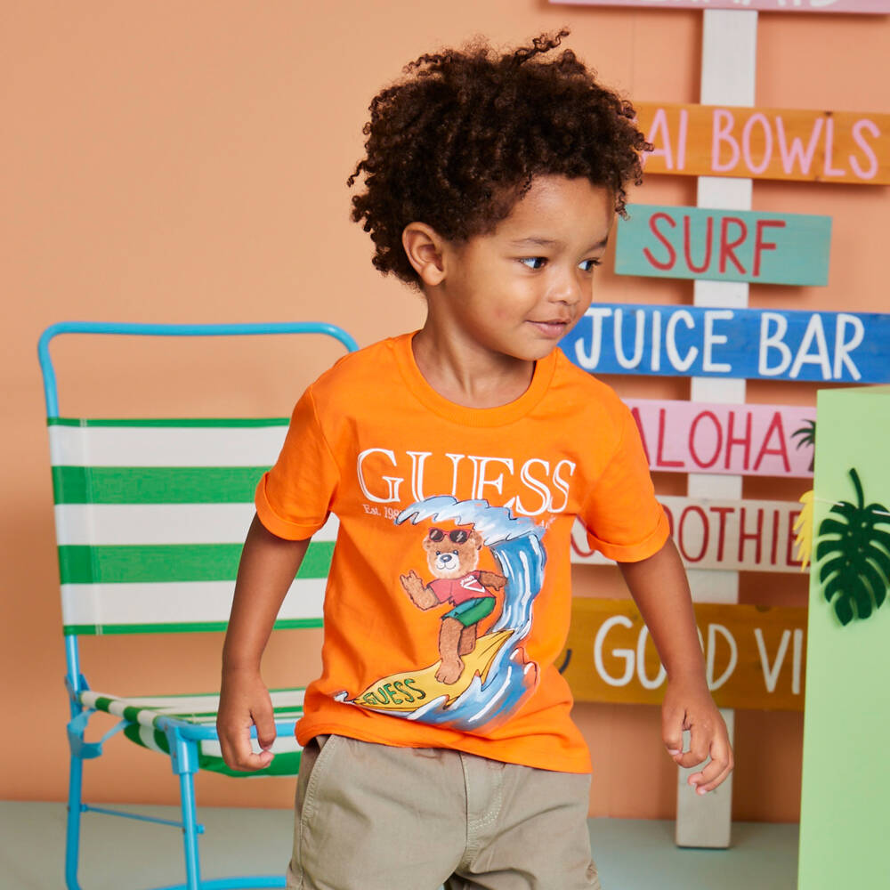 Guess-Boys Orange Cotton Surfing Bear T-Shirt | Childrensalon