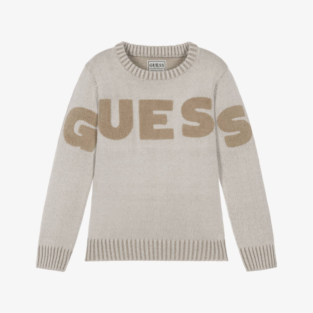 Guess-Boys Pale Beige Cotton Knit Logo Sweater | Childrensalon