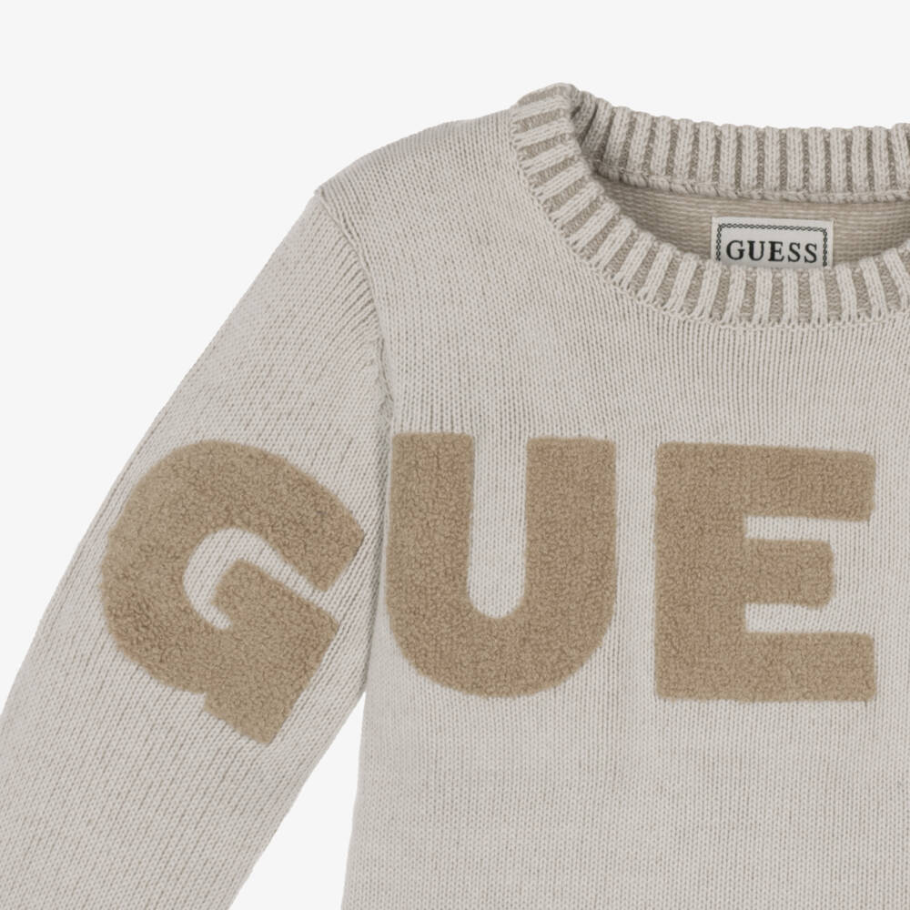 Guess-Boys Pale Beige Cotton Knit Logo Sweater | Childrensalon
