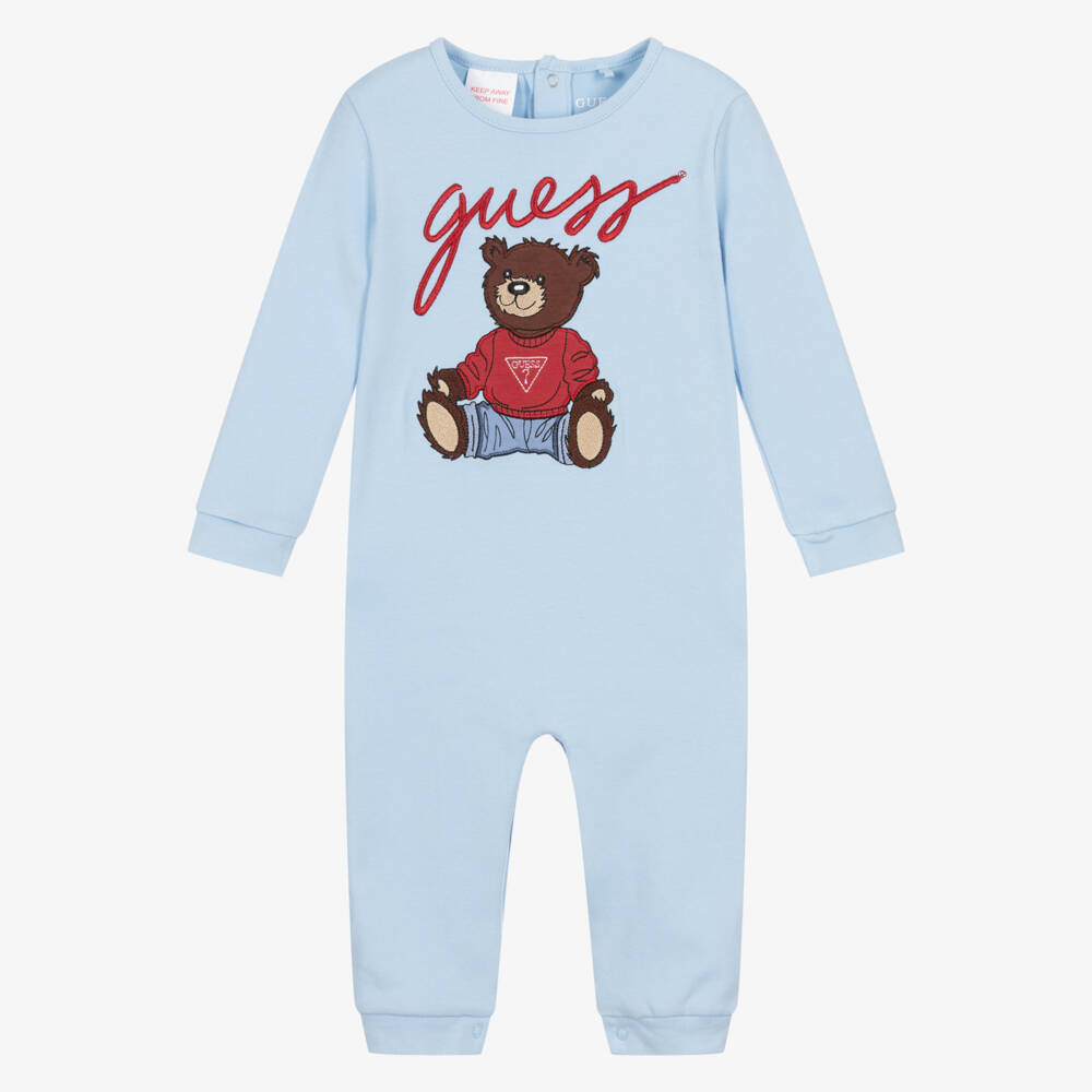 Guess-Boys Pale Blue Cotton Romper with Teddy Bear Motif | Childrensalon