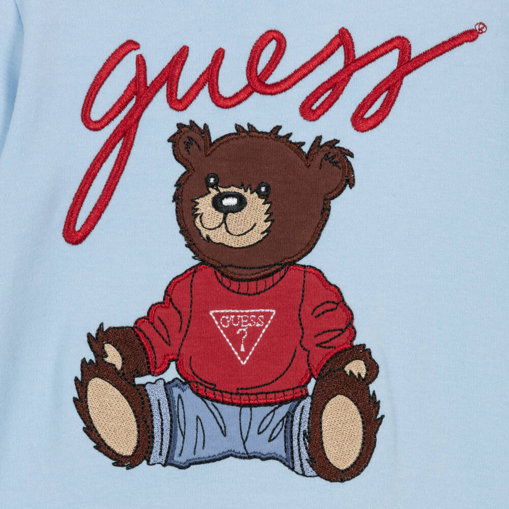 Guess-Boys Pale Blue Cotton Romper with Teddy Bear Motif | Childrensalon