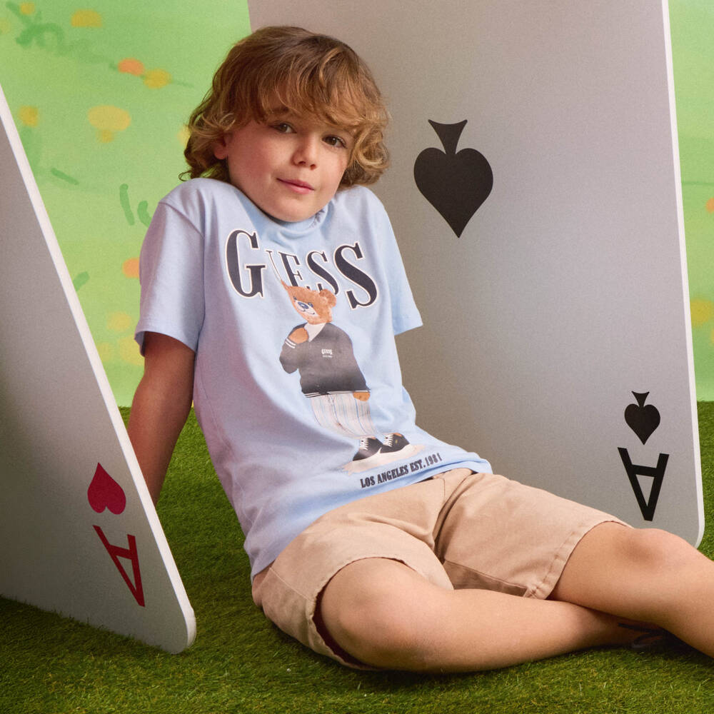 Guess-Футболка голубая с медвежонком из хлопка для мальчиков | Childrensalon