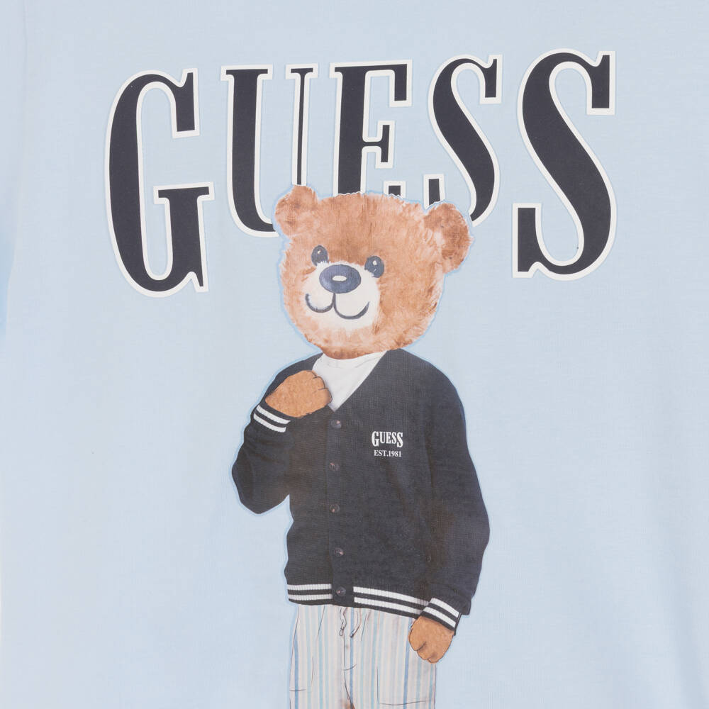 Guess-Boys Pale Blue Cotton Teddy Motif T-Shirt | Childrensalon