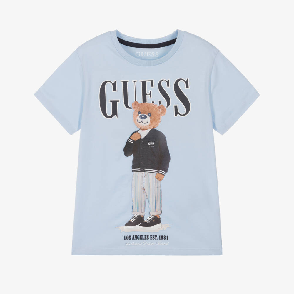 Guess-Boys Pale Blue Cotton Teddy Motif T-Shirt | Childrensalon
