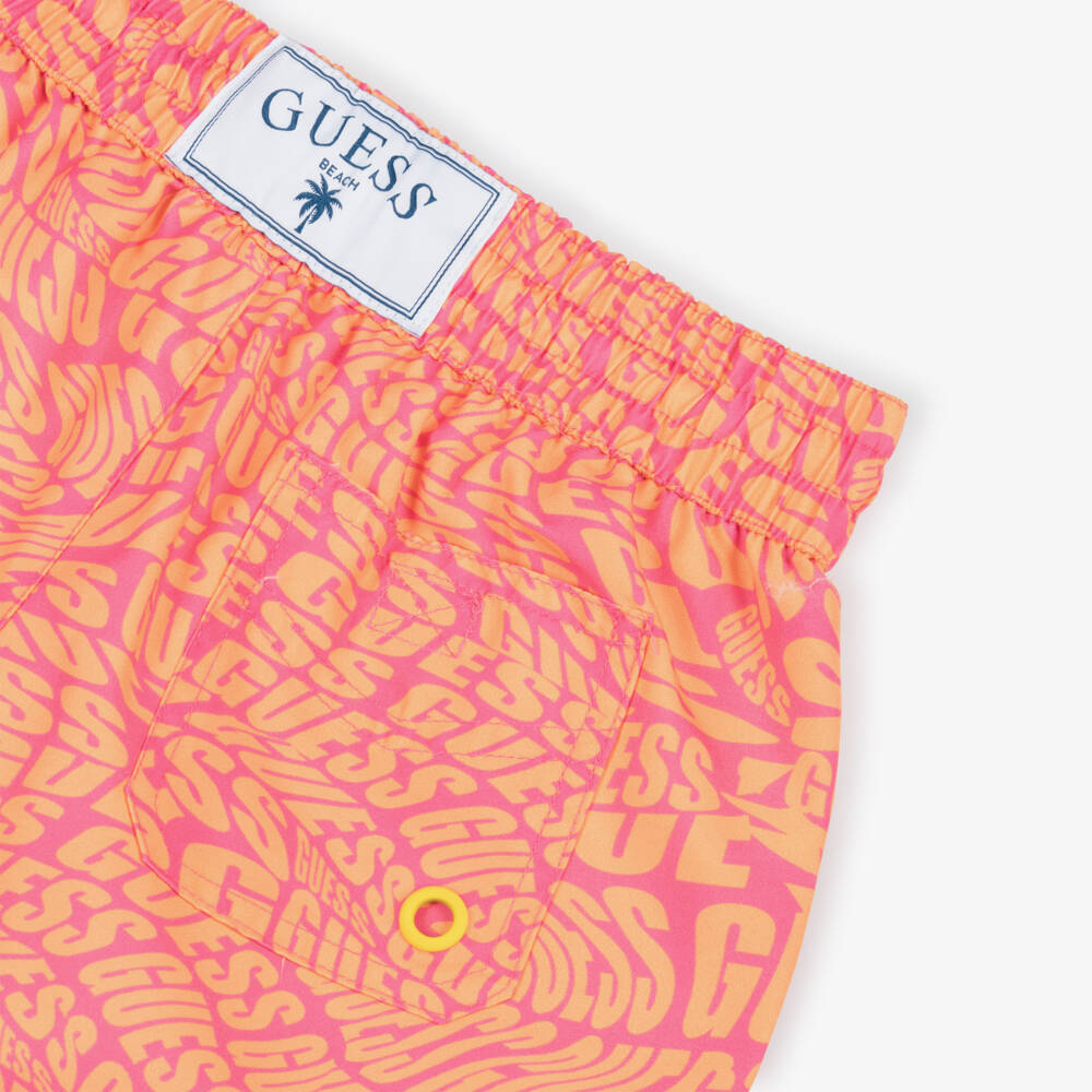 Guess-Boys Pink & Orange Logo Print Swim Shorts | Childrensalon