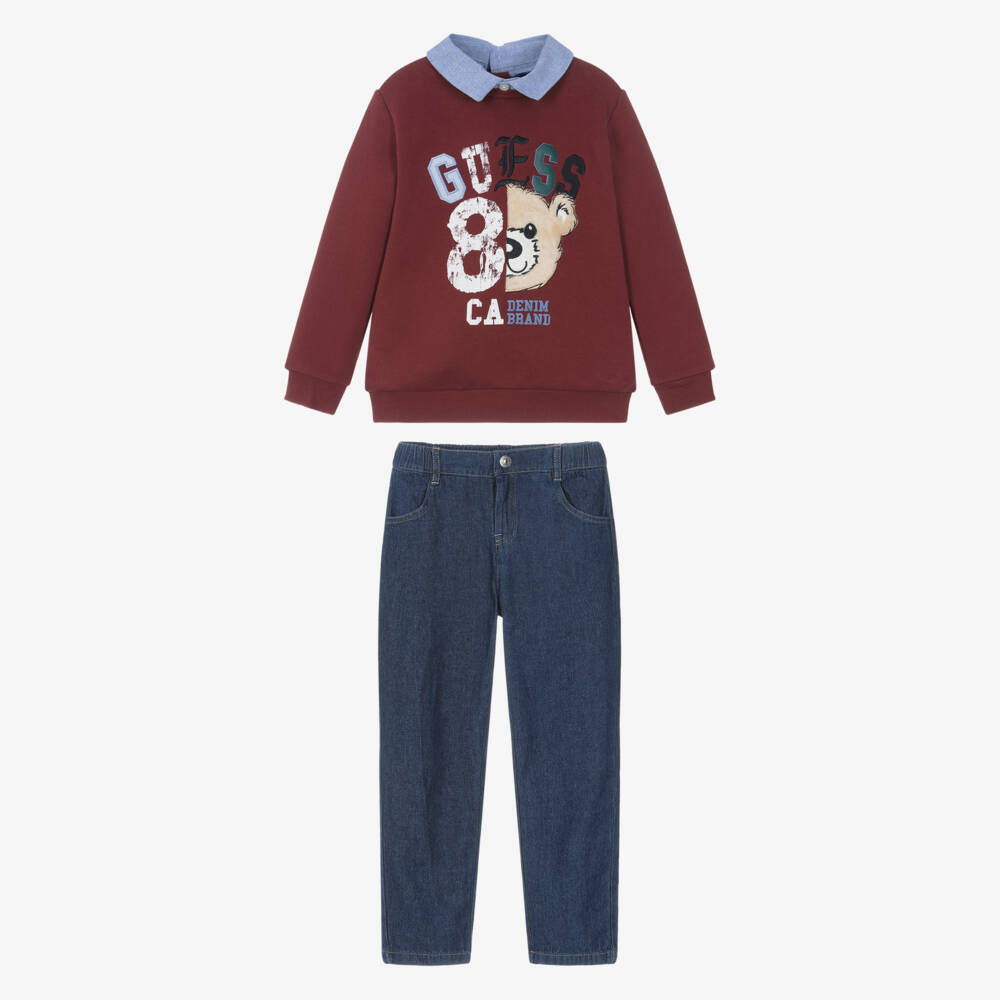 Guess-Boys Red Teddy Bear Sweatshirt & Blue Jeans Set | Childrensalon