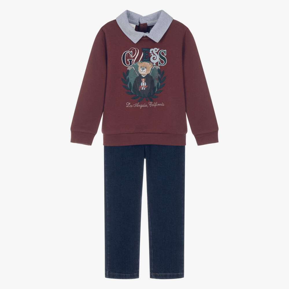 Guess-طقم سويتشيرت وبنطلون جينز لون برغندي وأزرق داكن للأولاد | Childrensalon