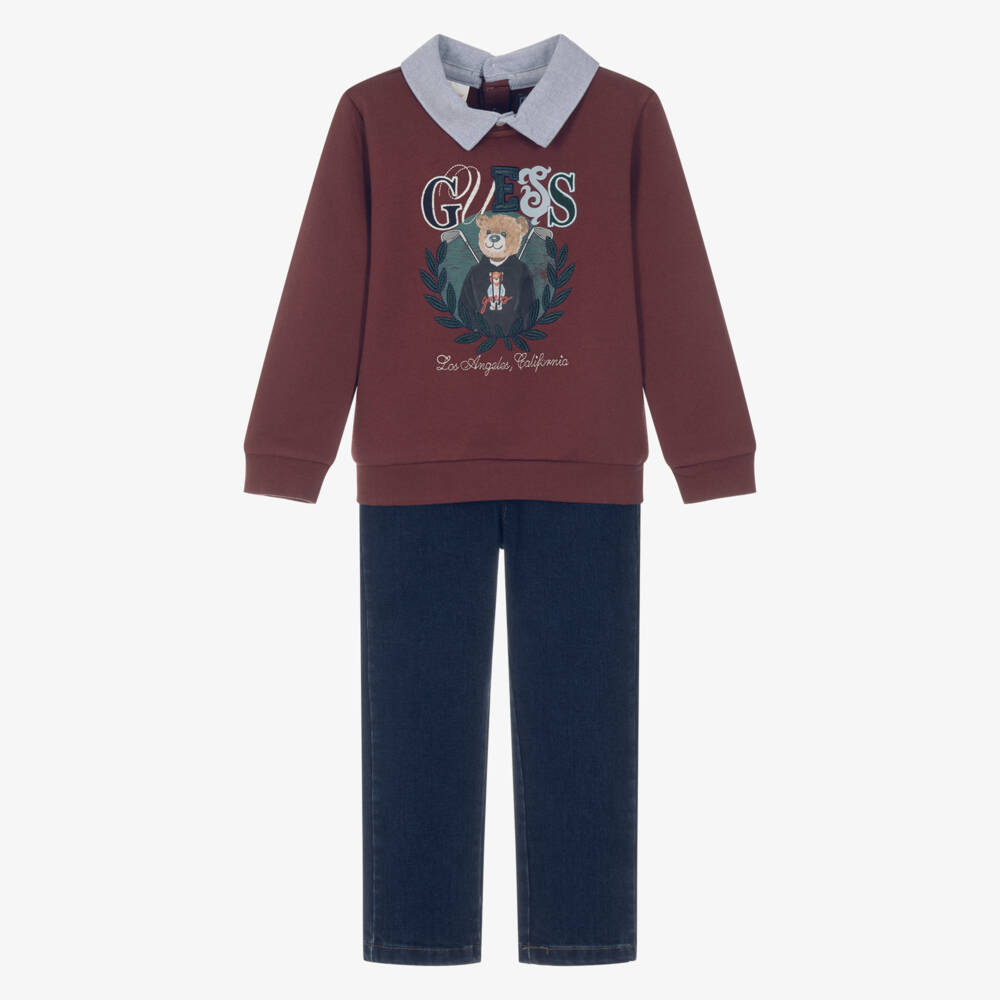 Guess-Boys Red Teddy Bear Sweatshirt & Dark Blue Jeans Set | Childrensalon
